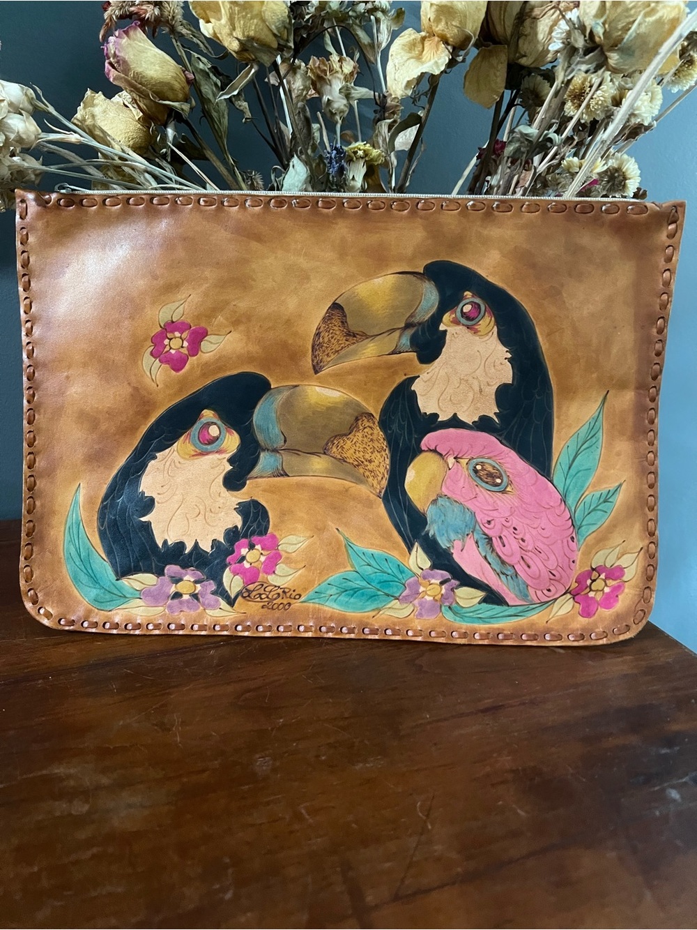 Vintage Del Rio Hand Tooled Leather Clutch w/Hand-painted Toucan Tropical Art